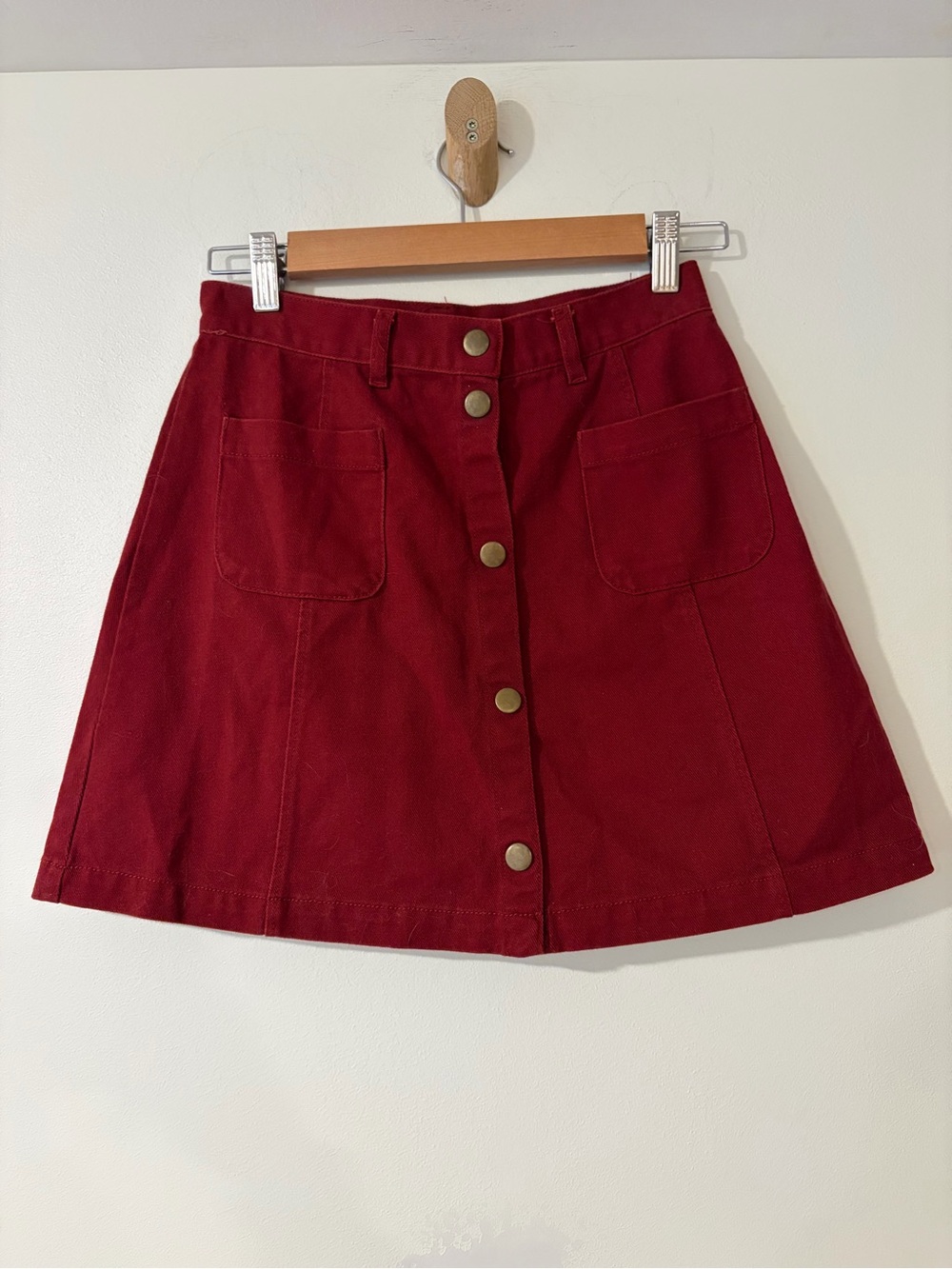 Vintage Monki small Cotton Button-Front Red A-Line Skirt